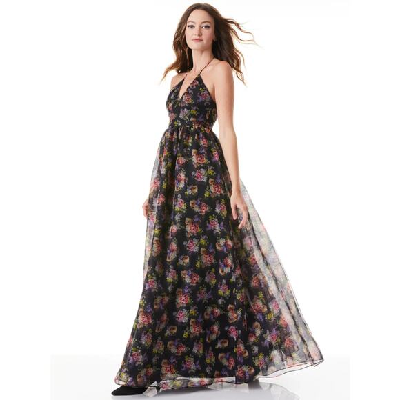 ALICE + OLIVIA SAORI MAGNOLIA FLORAL BLACK SILK MAXI PRINCESS GOWN SIZE 2 NWT - Picture 2 of 8